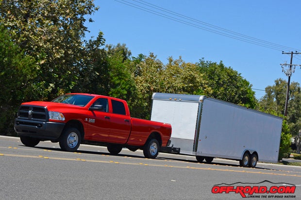 With a 17,870-pound towing capacity, the Ram Tradesman 2500 had no trouble pulling this racecar trailer that tops out at 10,000 lbs. Were very impressive with the towing performance of the Ram 2500 when equipped with the 6.7-liter Cummins. 