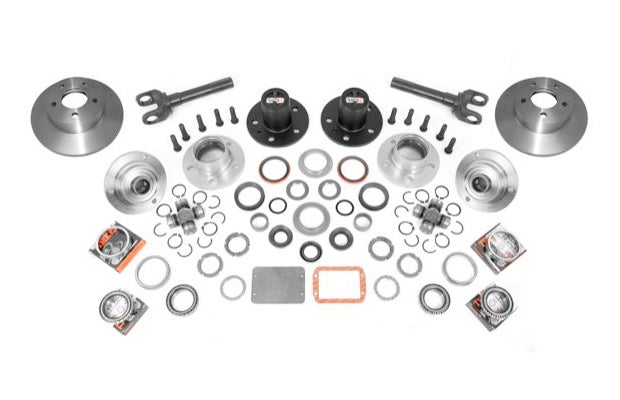The hub conversion kit includes a set of Rugged Ridge manual locking hubs, inner and outer Alloy-USA axle shafts, ½-ton capacity aluminum internal mounting hub, U-joints, machined front brake rotors, bearings, seals and hardware. Everything you need to upgrade your rig and prepare it for the trail. Maximum recommended tire size is 33 inches. Rotors are five studs on 4.5 inches. 