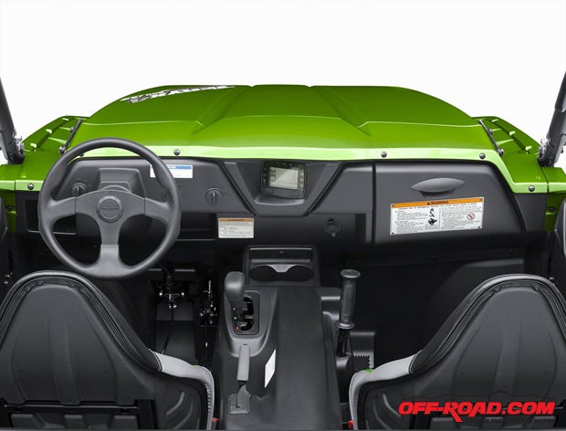 Overall we were impressed with the Teryx4's layout and interior, though we would like different placement of the front seat passenger hand hold on the door-side and a better latch for the glove box.