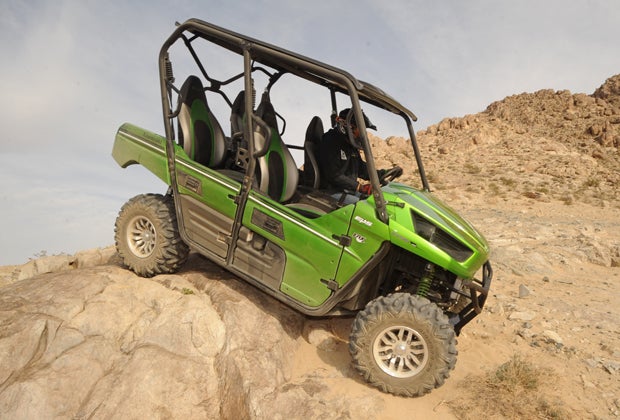 The Teryx4 offers enough ground clearance to tackle moderate rock obstacles. 