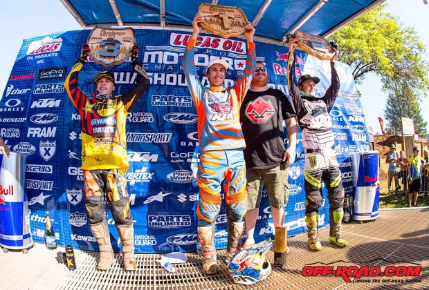 Marvin Musquin earned the sweep at Washougal (center), while Blake Baggett (right) used his 5-2 finish to earn second. Jeremy Martin (left) rounded out the podium in third.