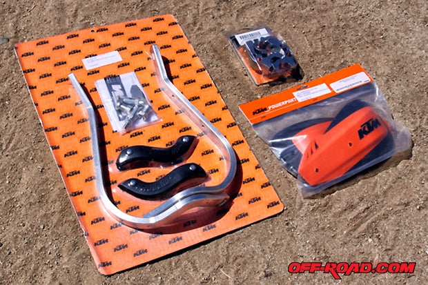 The KTM Probend hand guard set includes the Probend Bars, plastic bumpers, enduro shields and U-Clamp handlebar mount system.