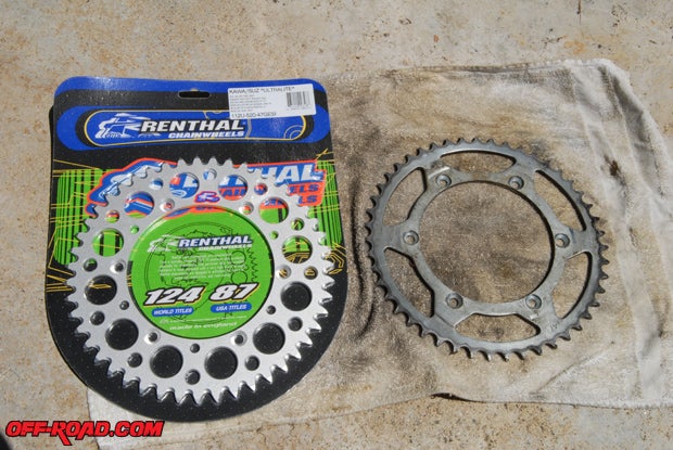 Stock gearing on the KDX 200 is 13/47. We replaced the rear with a 47-tooth Ultralight Sprocket from Renthal that is considerably lighter than stock.