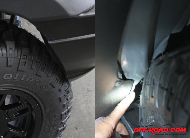 Although we did quite a bit of trimming during the installation of the Bushwacker flares, the 33-inch Mickey Thompson MTZs still rubbed on the stock bumper and the rear of the wheel well slightly, so some minor additional trimming was needed.