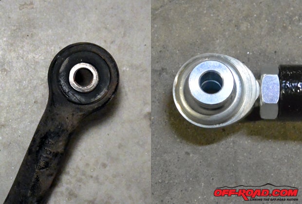 Heres a comparison of the old, worn-out bushing on the stock track bar and the new Heim joint end. Even though our part is worn, even if it was brand new the added stress of our modified rig makes the upgrade to a heavy-duty track bar a great choice.