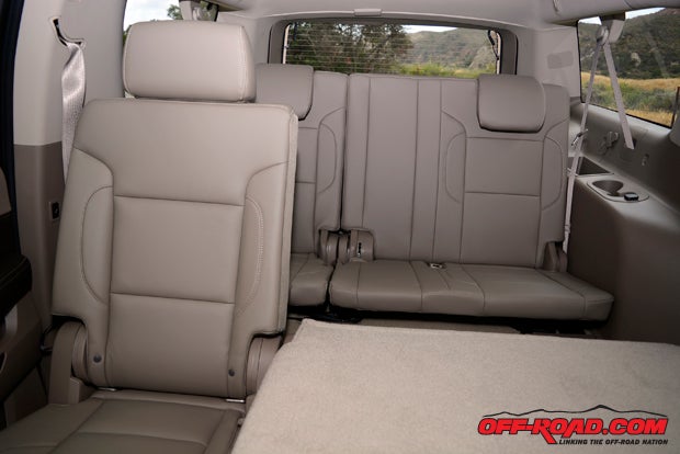 The second- and third-row leather seats in our Suburban LT fold and retract in a number of different positions for passenger loading or for hauling gear inside the vehicle. 