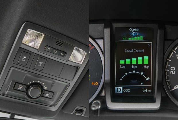 The TRD Pros Crawl Control feature is controlled via an overhead dial (left), and the LED instrumentation screen shows the driver what setting the system at a quick glance. 