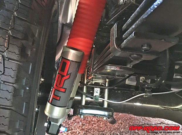Large, 66mm Fox 2.5 shocks are used both front and rear on the 2017 Tacoma TRD Pro. The rear shocks feature a piggyback reservoir with additional oil to help keep the shock performing optimally under the most demanding conditions.