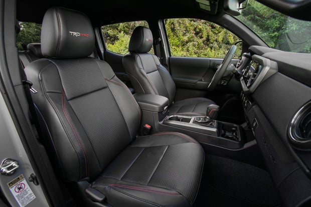 Leather seats with a TRD Pro logo on the headrests are found up front, along with a TRD Pro shift knob and floor mats.