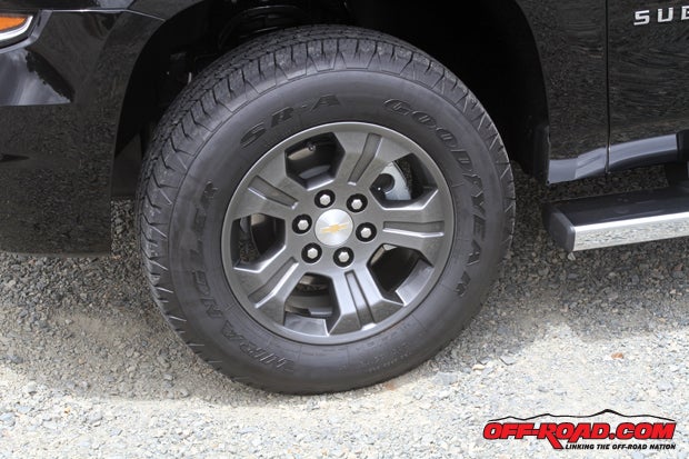 Our Suburban LT 4x4 is equipped with 18-inch wheels fitted with 265/65/R18 Goodyears. Chevy also offers options for 20- and 22-inch wheels.